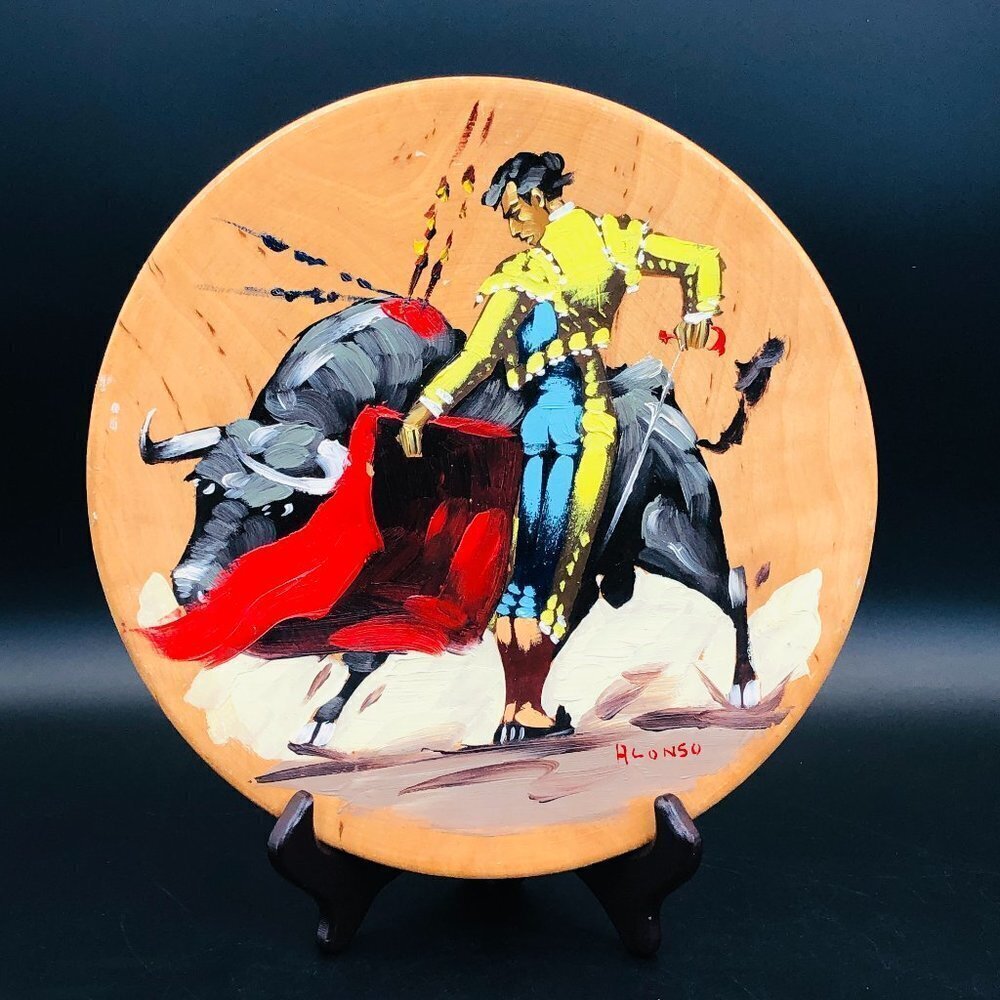 Mid Century Spanish Matador Painting Wooden Plate Wall Hanging Artist signed